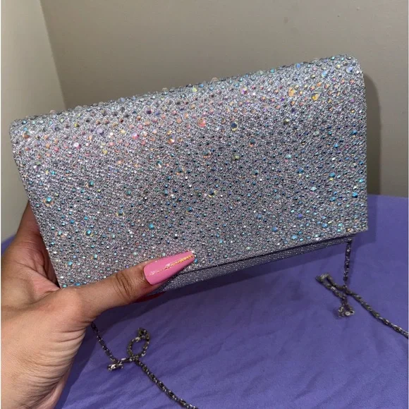 Silver Sparkle Clutch with Crossbody Chain - Picture 1 of 5